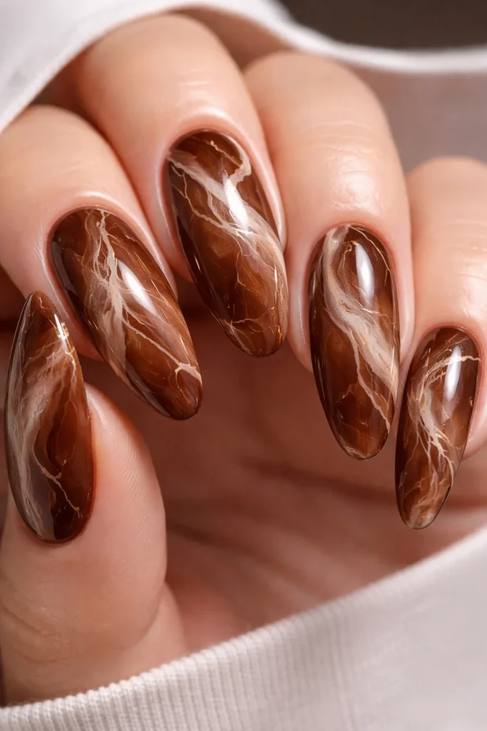 Brown marble nail design with white veins