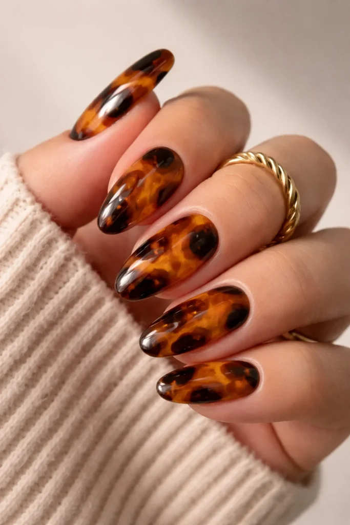 Brown tortoiseshell nail design with amber and honey