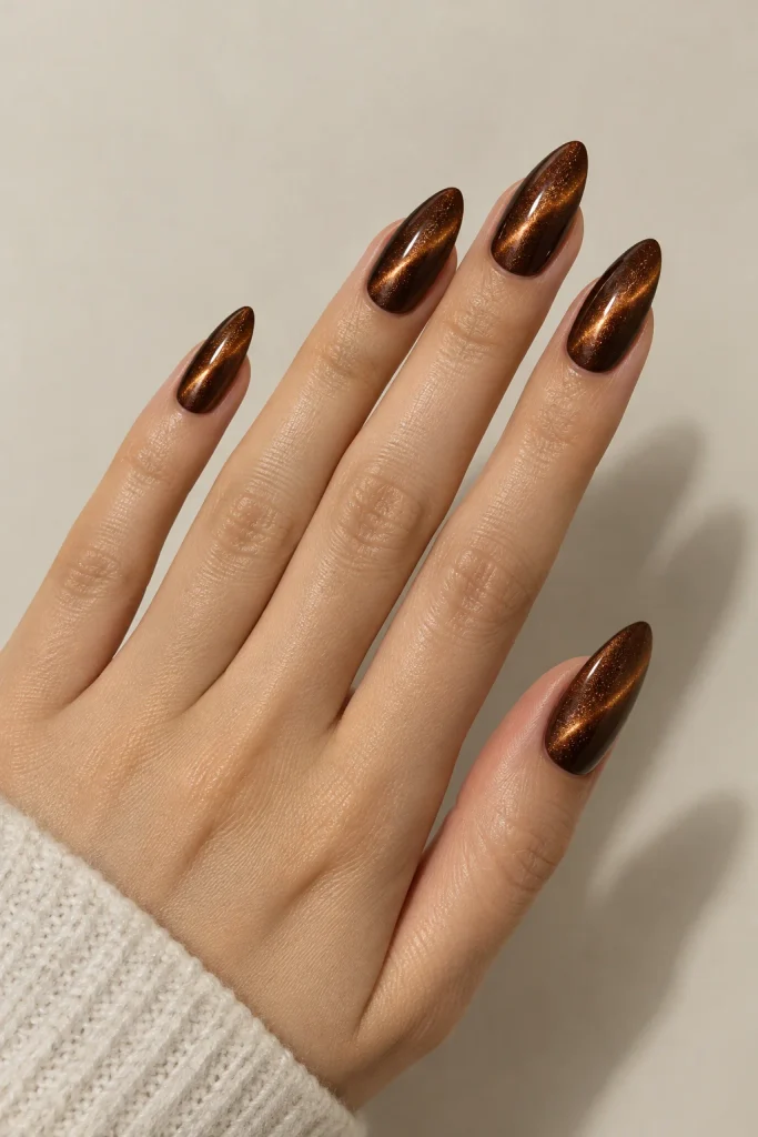 Brown velvet cat-eye nails with a glowing magnetic effect