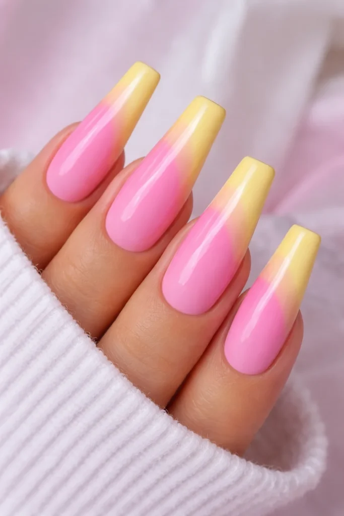 Diagonal ombre nails blending bubblegum pink into buttercup yellow at an angle