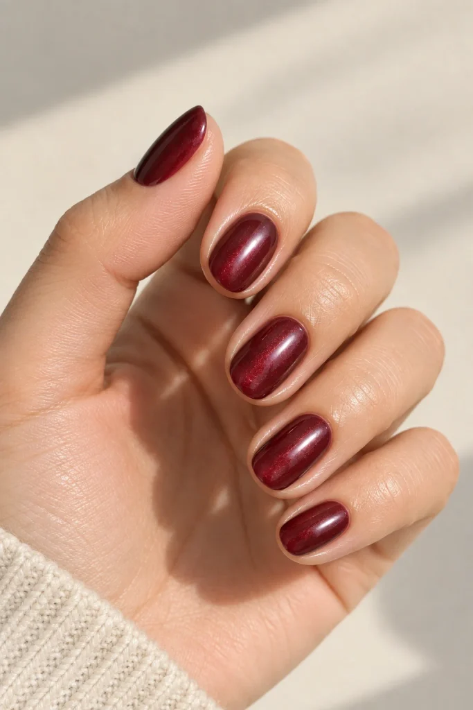 Burgundy cherry glazed nails with a soft pearly sheen 
