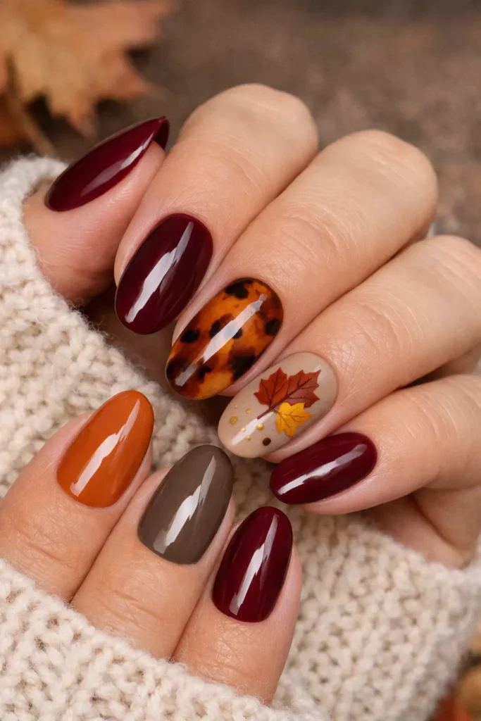 Burgundy fall nails with terracotta burnt orange and warm taupe autumn tones