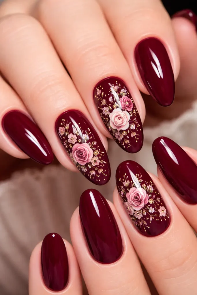 Burgundy floral nails with hand-painted roses and blush botanicals