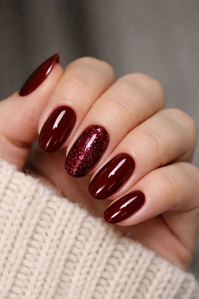Burgundy glitter accent nails with single sparkle ring finger and glossy red companions
