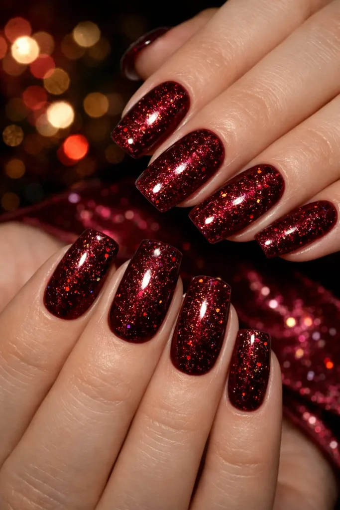 Burgundy glitter nails with holographic sparkle for holiday season
