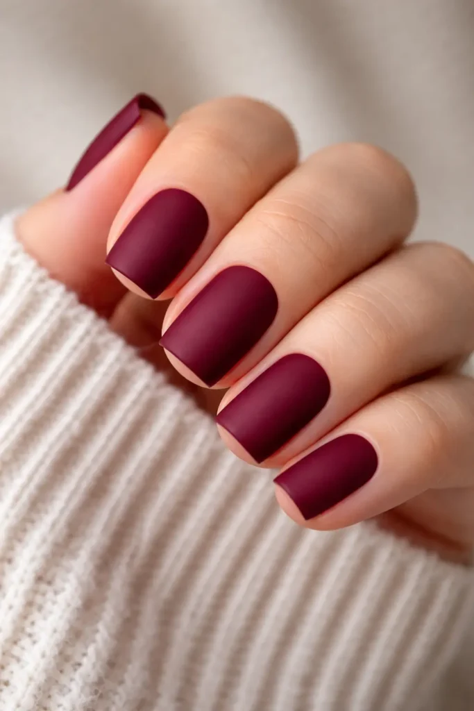 Burgundy matte nails with velvet suede finish on short square shape
