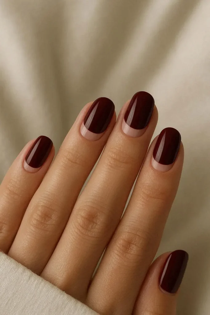  Burgundy and nude half-moon nails with crescent lunula on square oval shape
