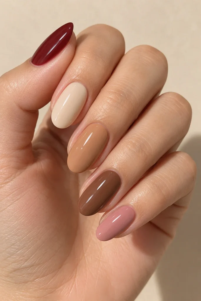 Burgundy and nude skittle nails in coordinated neutral shades 