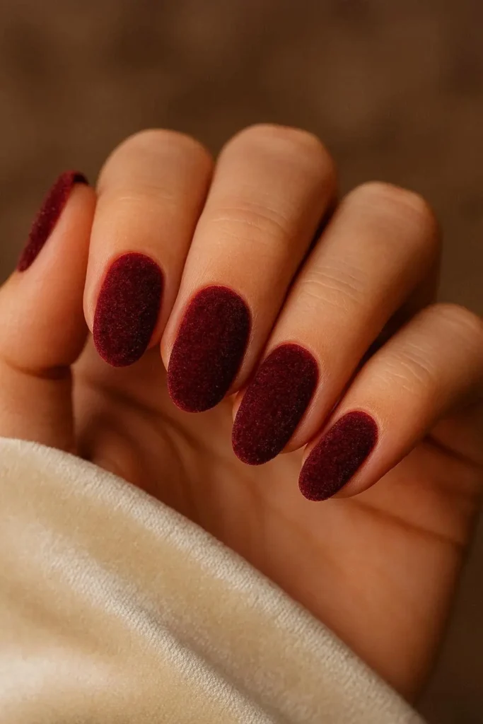 Burgundy velvet nails with plush flock powder tactile finish

