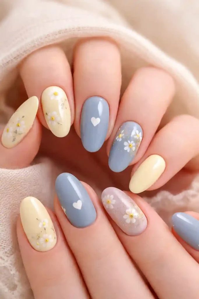 butter yellow and dusty blue soft girl nail set