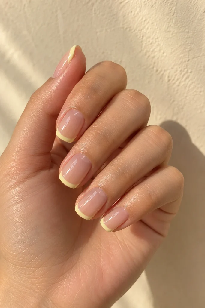 Butter yellow French tips on a sheer nude base