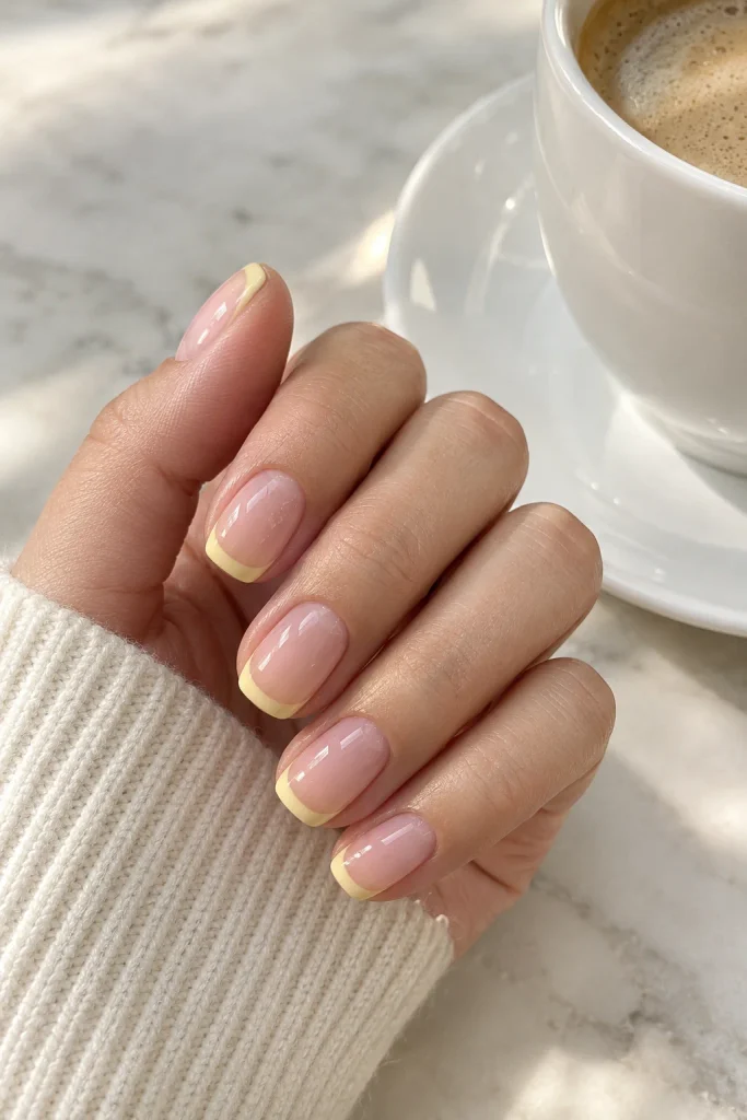 Short squoval nails with sheer pink polish and thin butter yellow French tips
