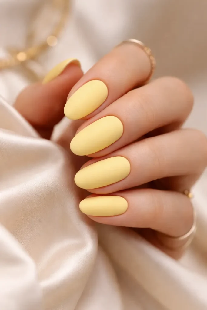 utter yellow matte pastel nails with velvet finish on short square nails