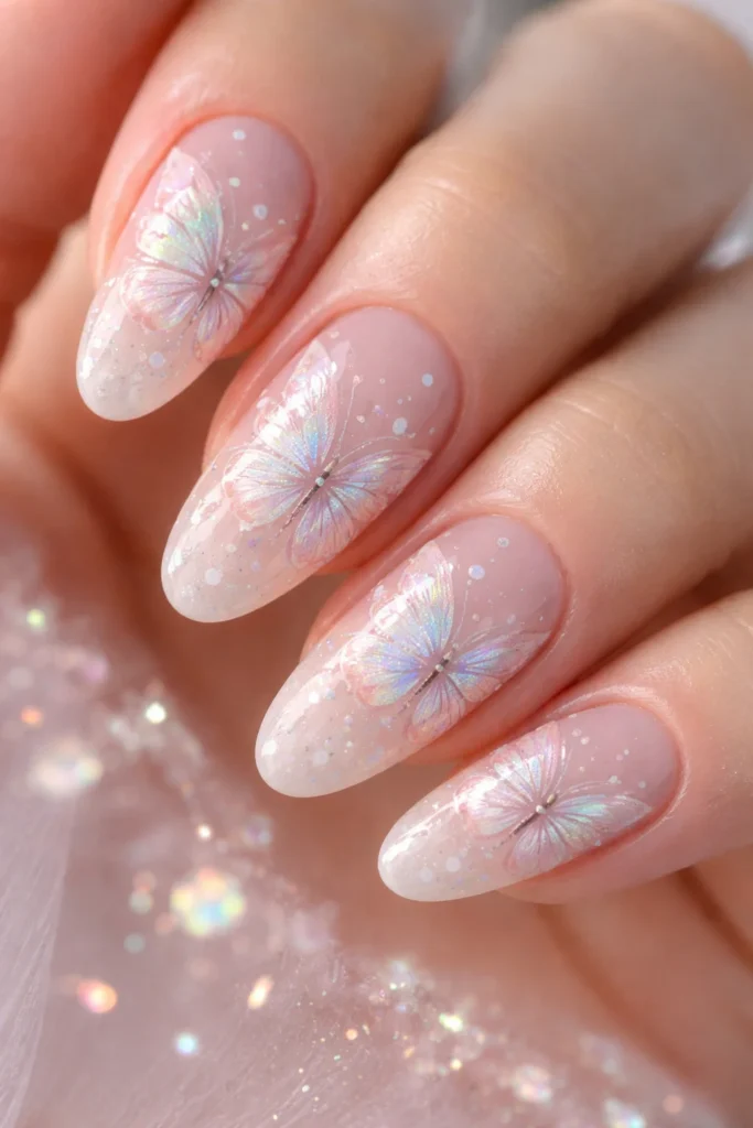 Hand-painted butterfly nail art with iridescent shimmer on milky base