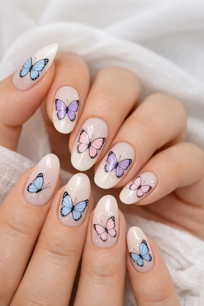 Spring butterfly nail art with delicate pastel butterfly wings painted on a milky white nail base

