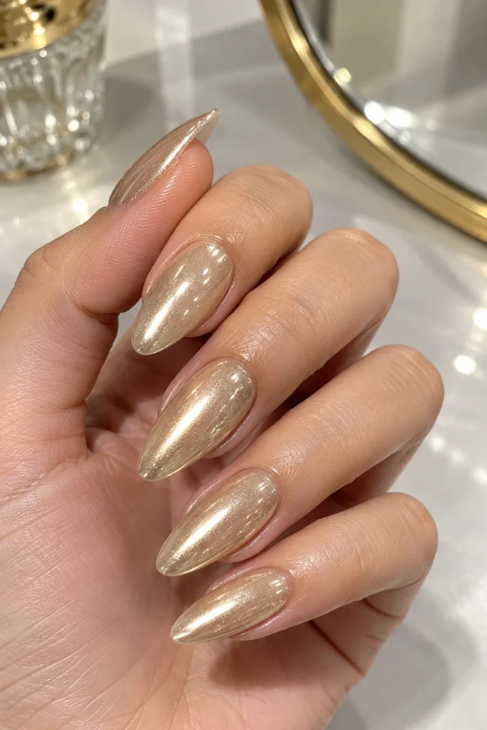 Champagne chrome almond nails with mirror-soft golden shine