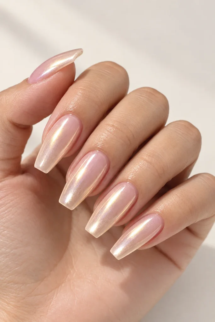  Champagne glazed donut coffin nails with pearly chrome shine  
