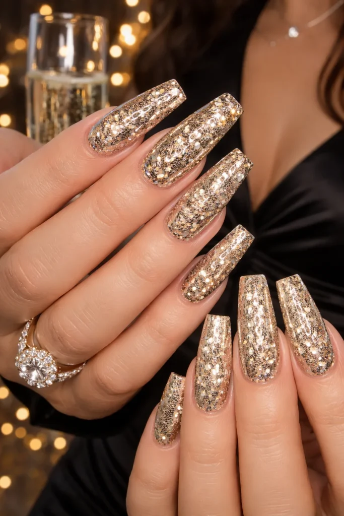 Champagne glitter birthday nails with chunky gold shimmer