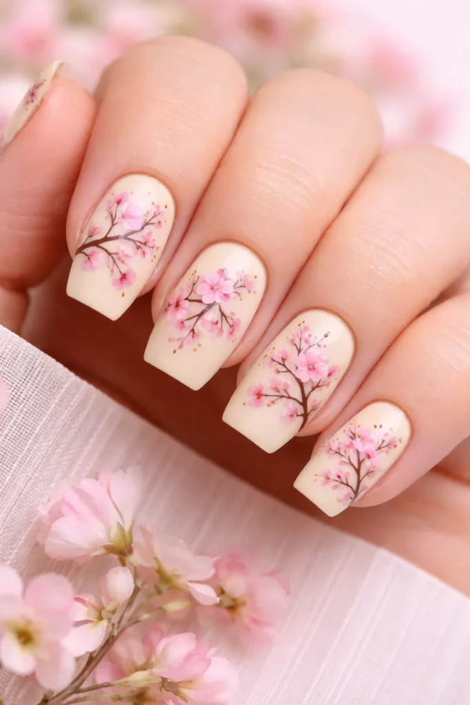 Delicate pink cherry blossom branch nail art hand painted on a creamy yellow base