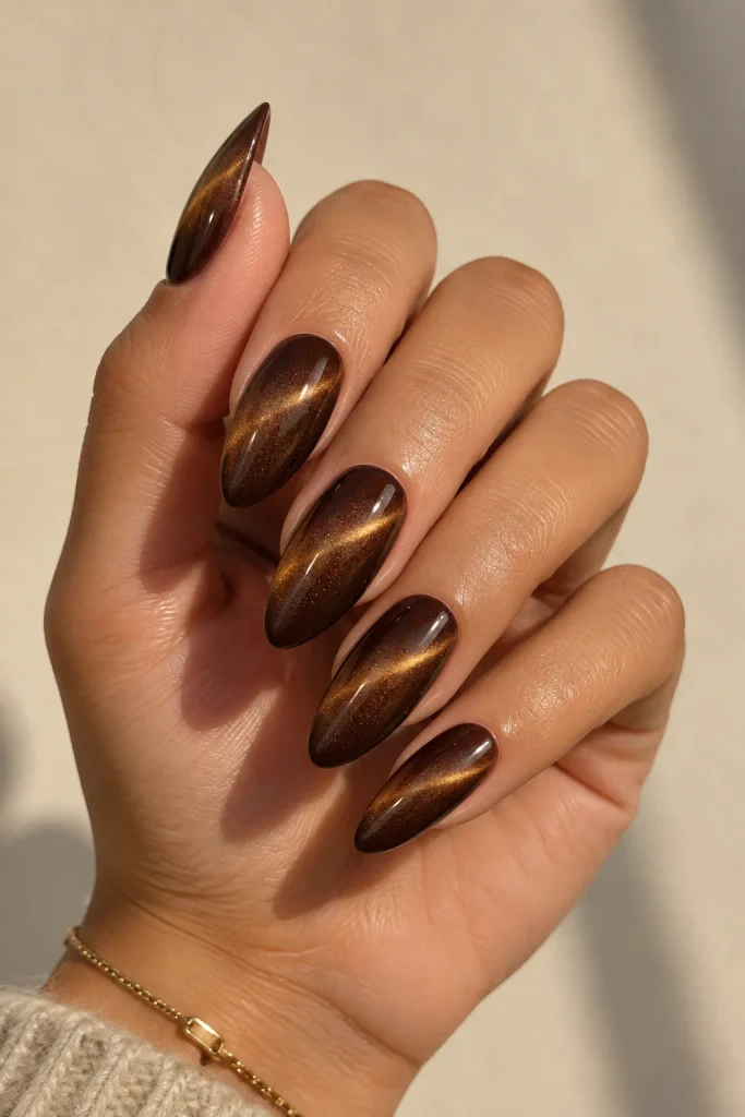 Chocolate brown cat-eye almond nails with velvet glow