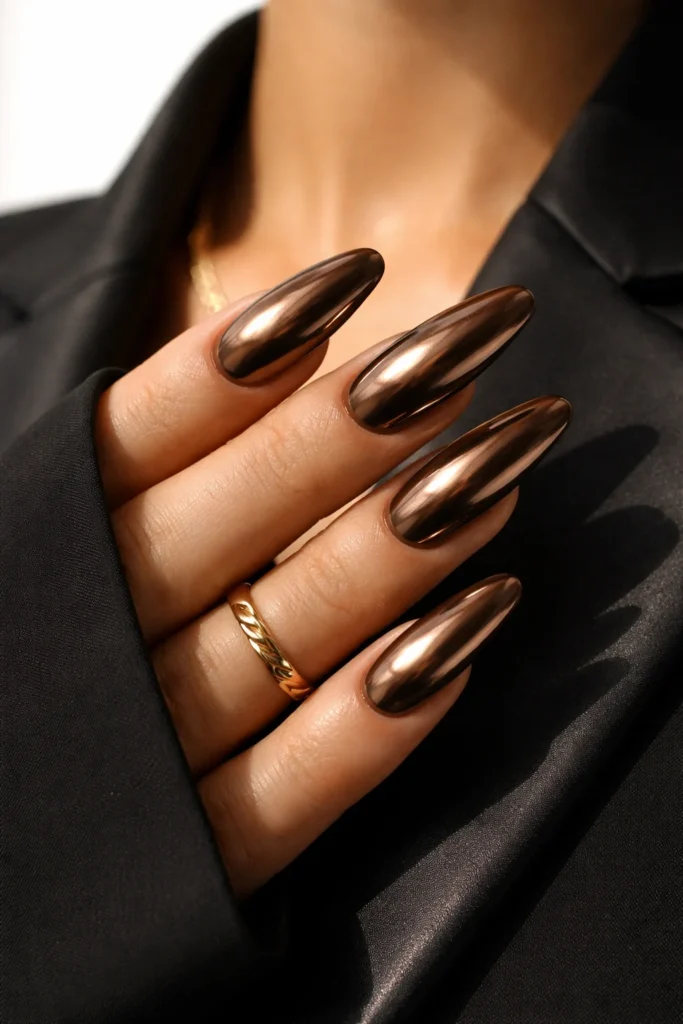Chrome brown nails with metallic sheen