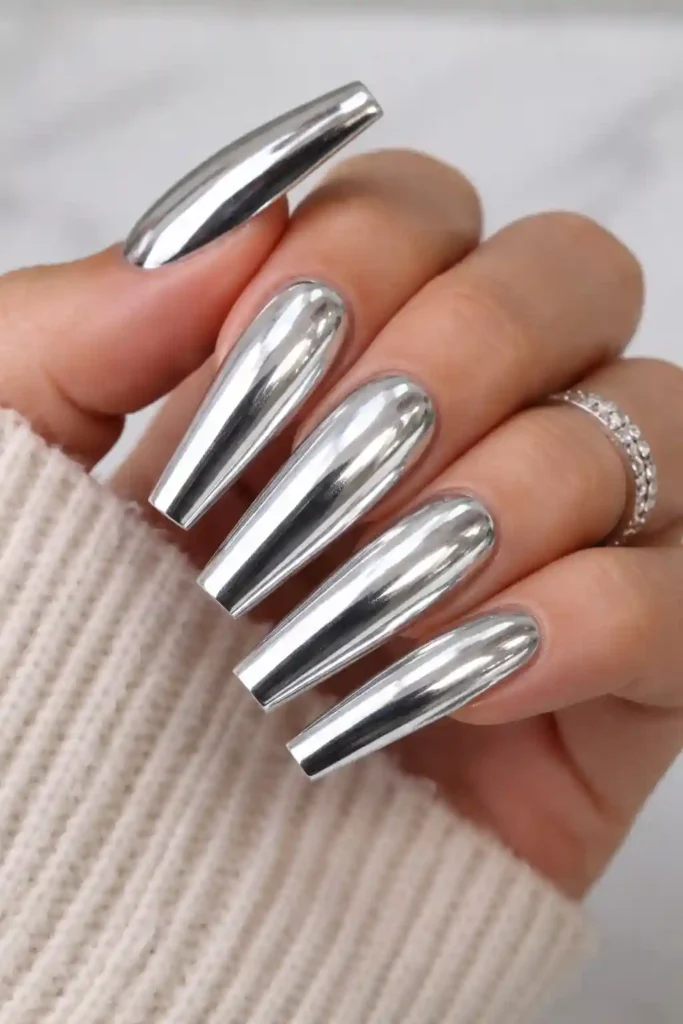 Silver chrome coffin nails with a mirror-like liquid metal finish