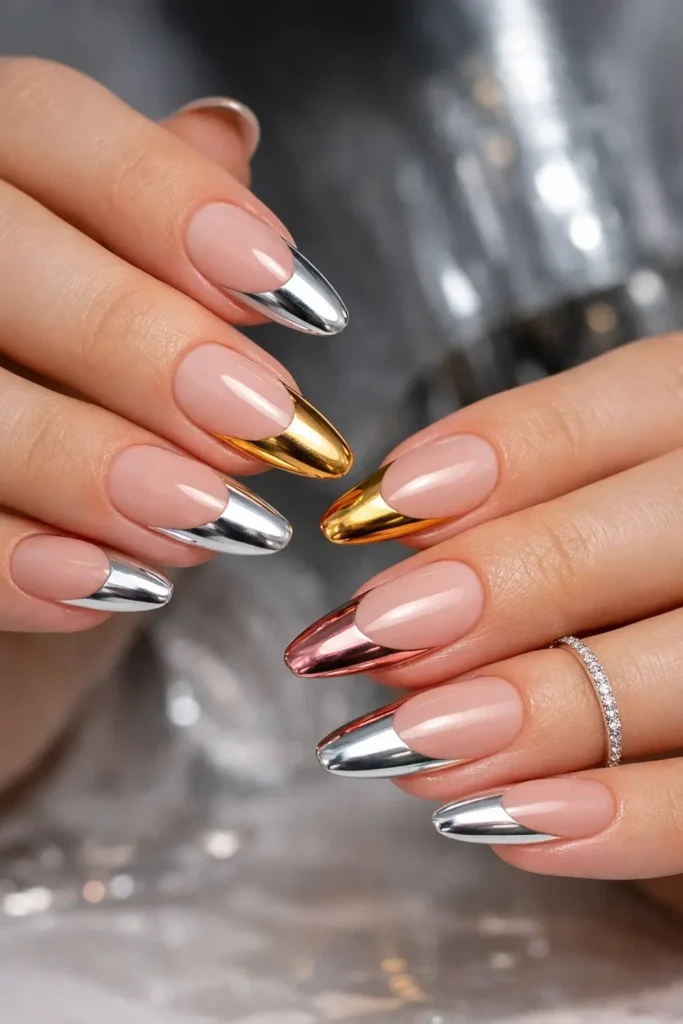 Chrome french tip nails with silver liquid mirror finish on almond shaped nails