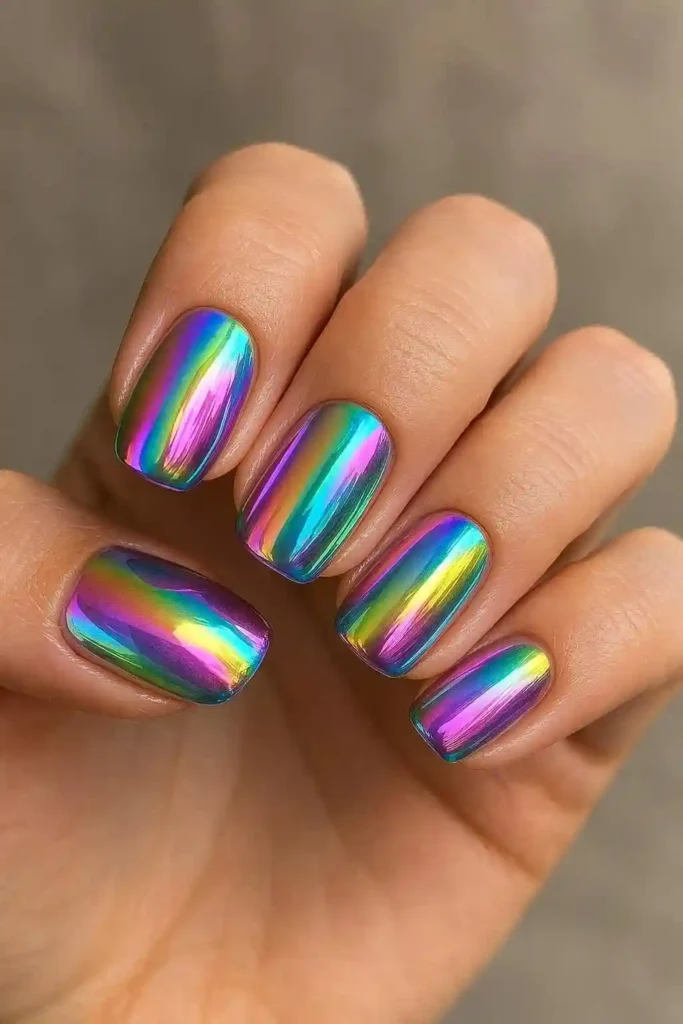 Silver chrome gel nails with mirror-like metallic finish