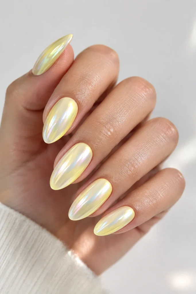 Chrome lemon glaze nails with pearly glossy finish