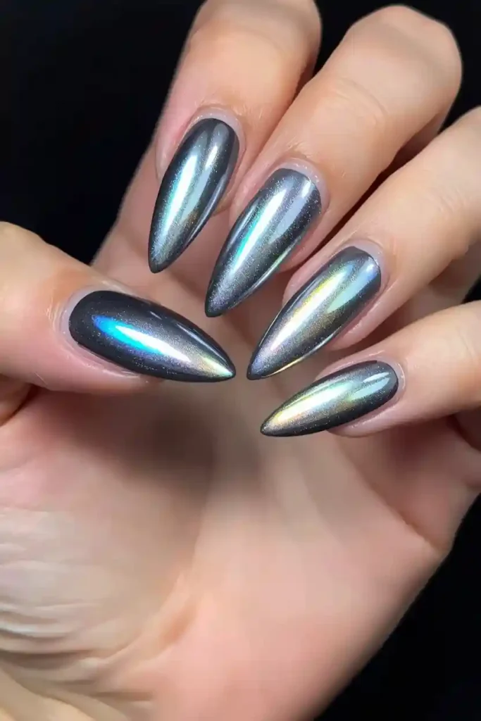 Chrome silver mirror almond nails with liquid metal finish
