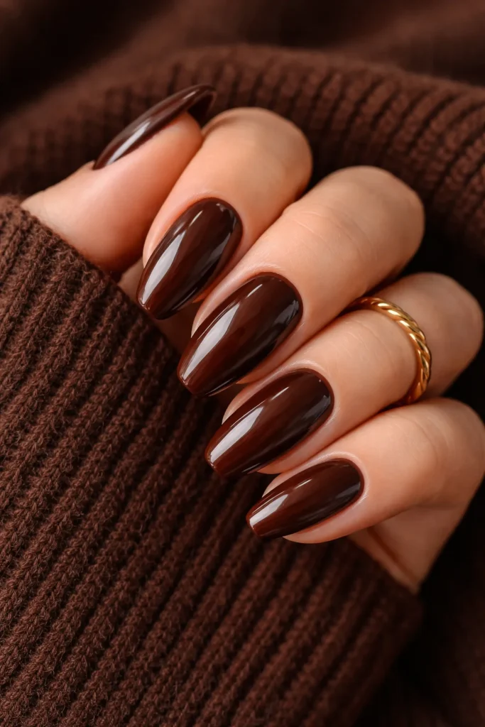 Classic chocolate brown glossy nails