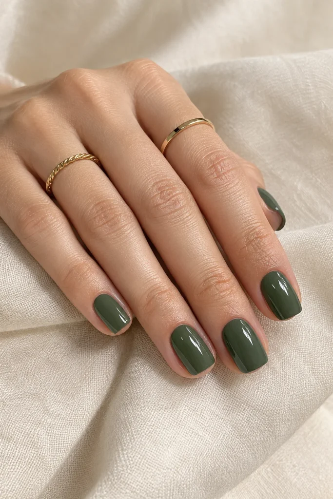 Classic glossy jade green polish on short squoval nails.