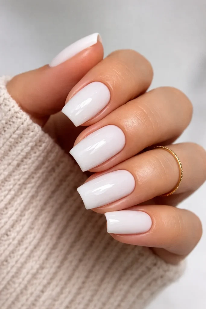Classic milky white nails with a glossy topcoat on short oval shaped nails