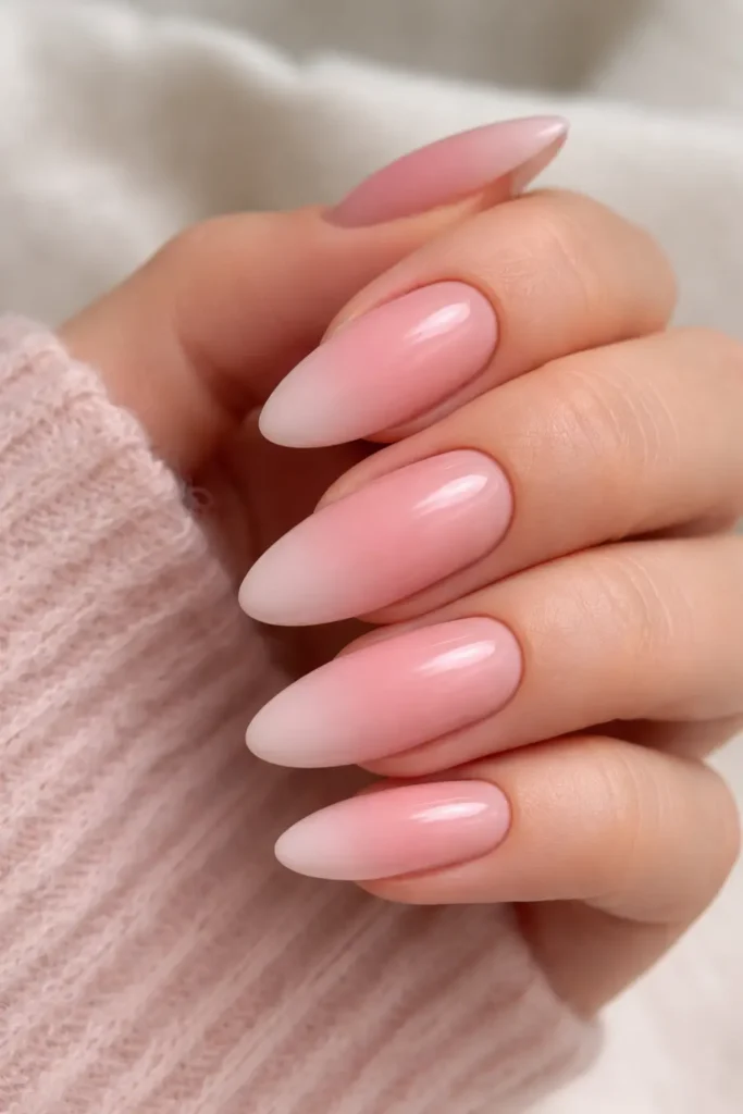 classic pink ombre nails with soft blush to milky nude gradient on almond shape