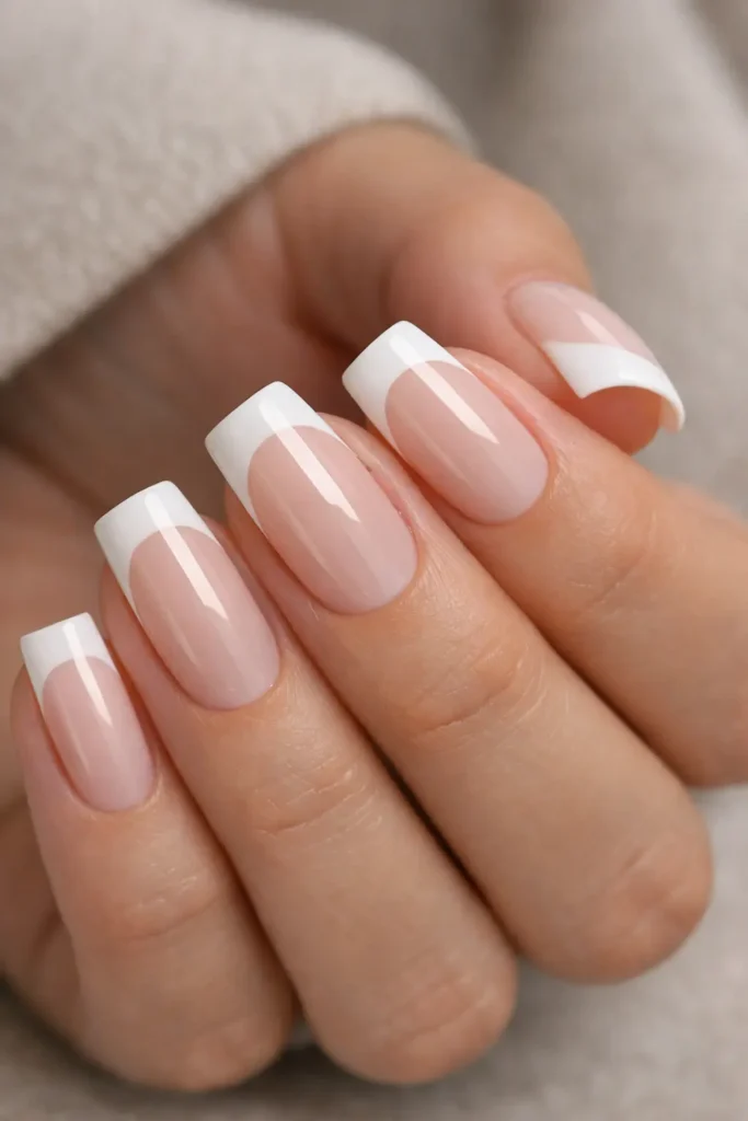 Classic white french tip nails with sheer nude base and crisp white tips