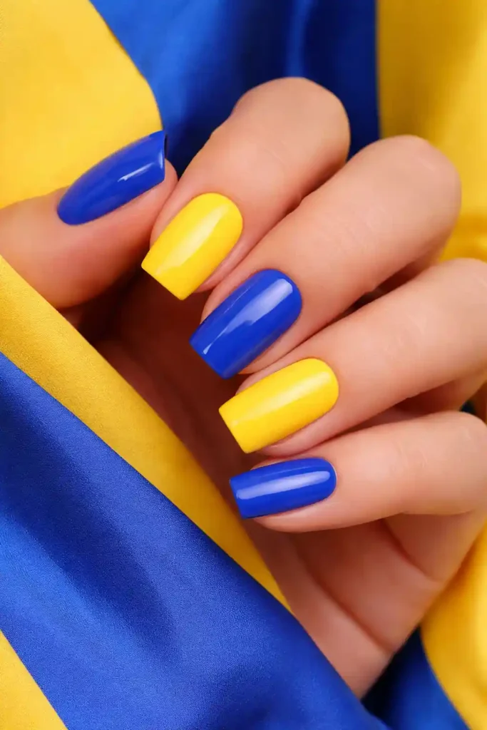 cobalt blue and lemon yellow color block nails