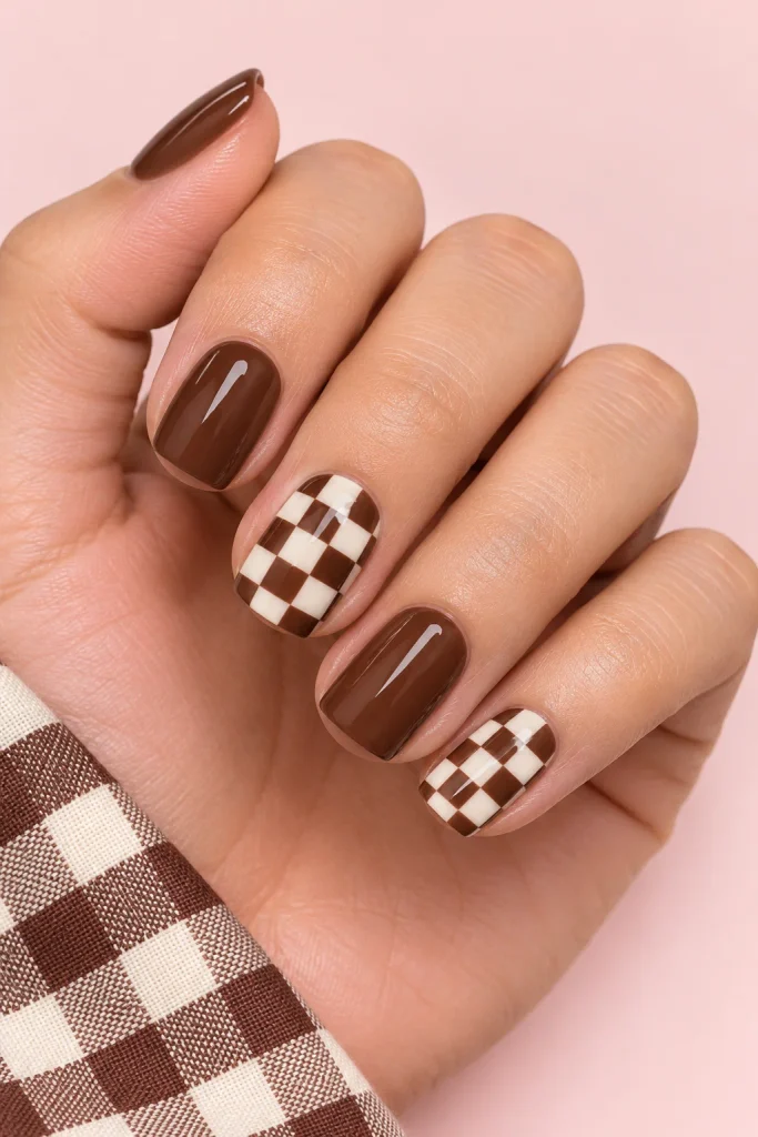 Cocoa brown and cream checkerboard nail design