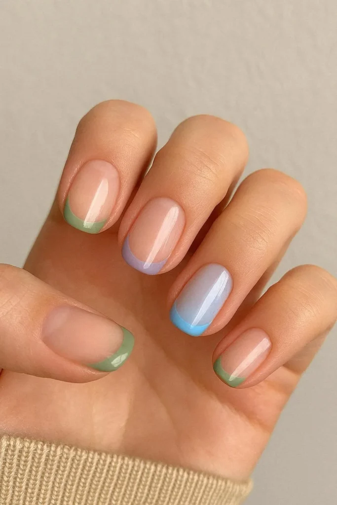 Lavender colored French tip nails on nude base
