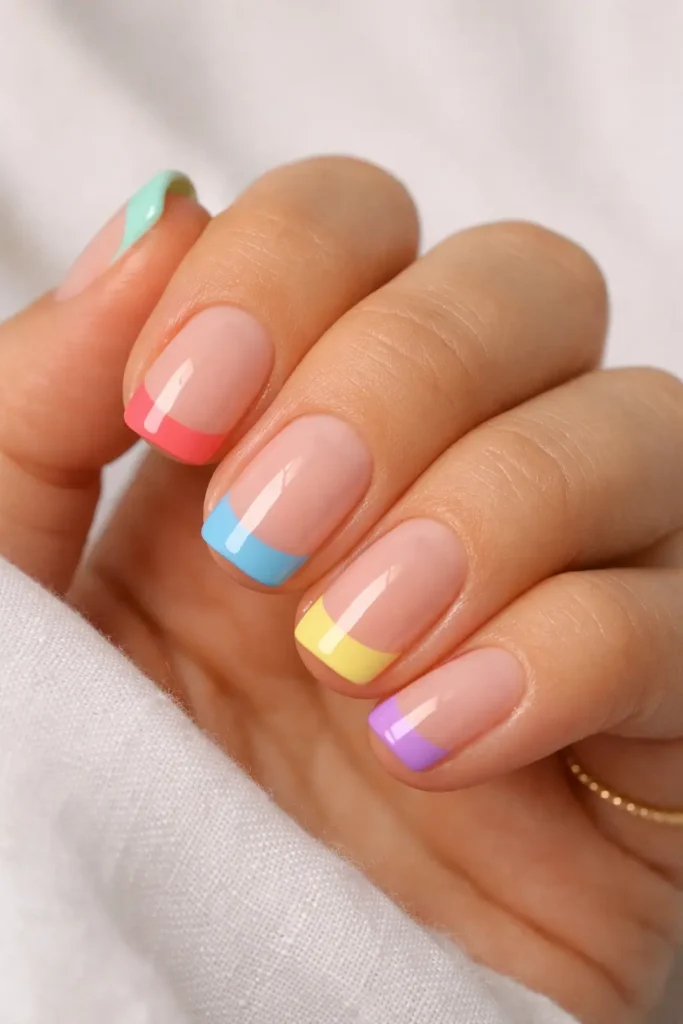 Colorful french tip nails with pastel and bright colored tips on each finger