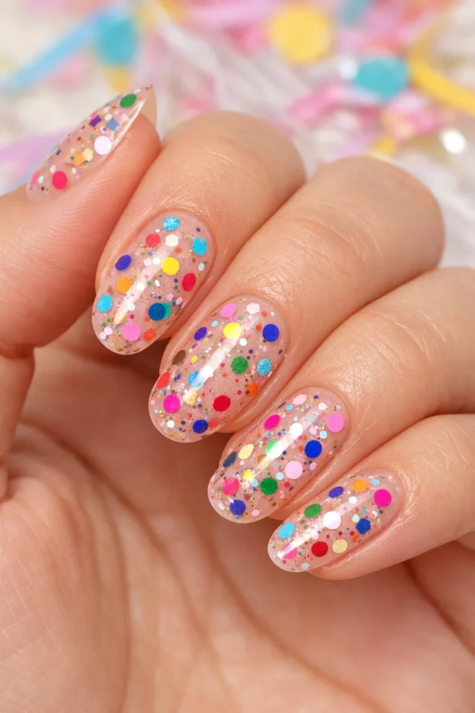 Colorful confetti nail art on clear gel base for birthday party