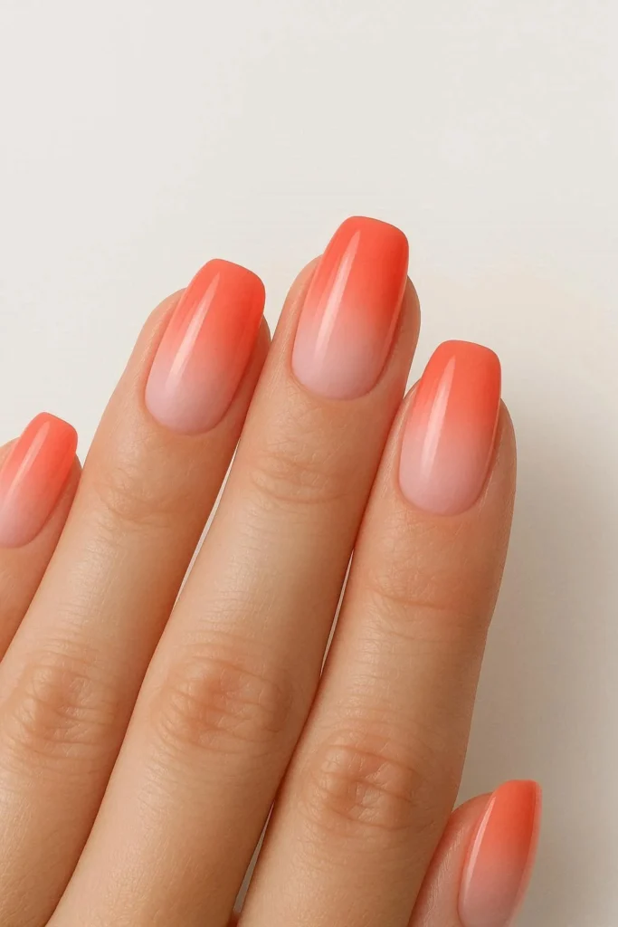 Coral fade ombre nails blending into nude pink for end of summer look