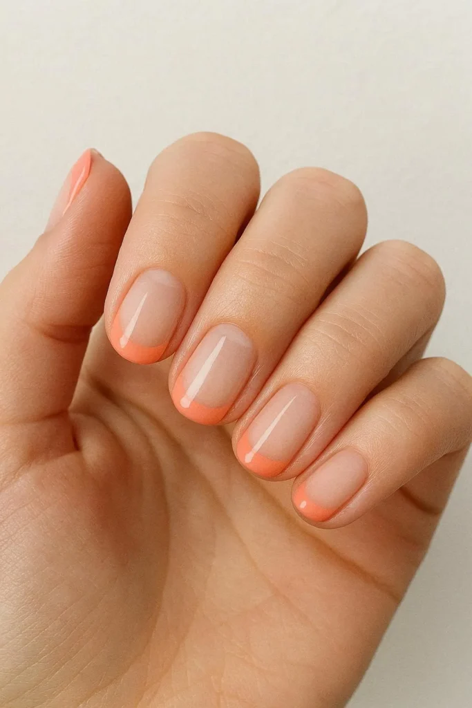 Coral French tip nails on a sheer nude base with a modern clean finish on short oval nails