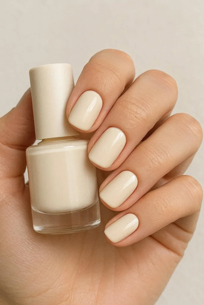 Creamy off white nails with a warm soft natural finish
