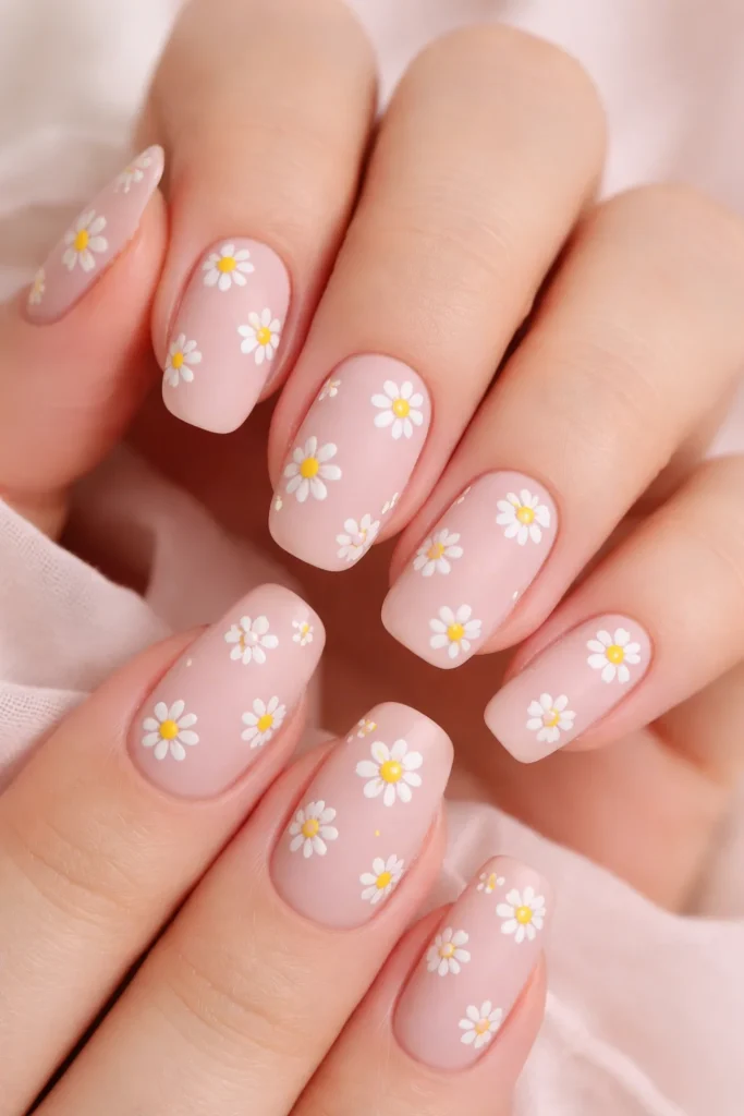 White daisy floral nail art with yellow centers on a soft pink base