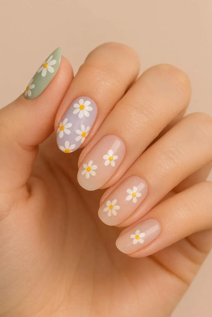 Spring daisy nail art with tiny white daisies and yellow centers painted over a soft pastel green base
