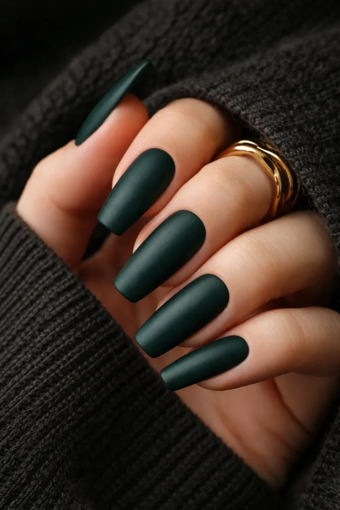 Dark jade green nails in a deep moody matte finish perfect for autumn and winter