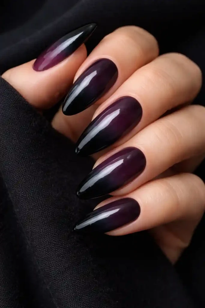 Dark ombre nails blending deep plum into midnight black on almond nails