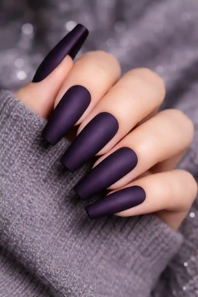 Dark purple matte nails in deep eggplant shade on long coffin shaped nails