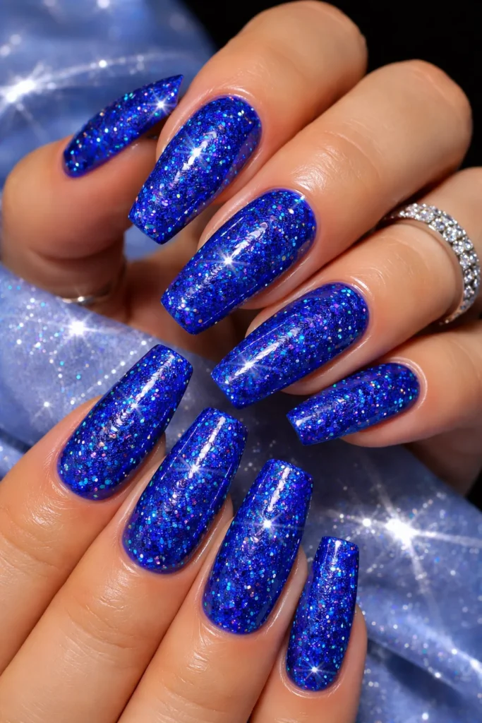 Electric blue glitter nails for a bold birthday look
