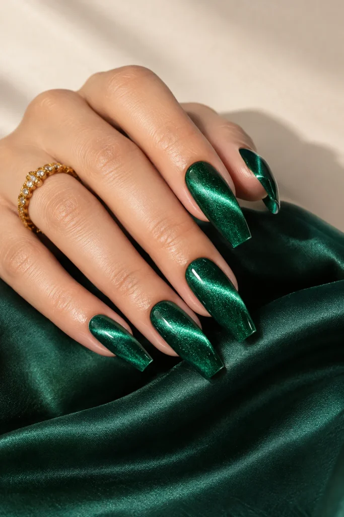 Emerald green cat-eye coffin nails with magnetic shimmer 